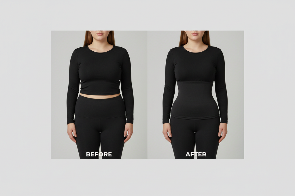 "A side-by-side comparison of two women . On the left, a woman wearing a black fitted top and pants without waist-slimming shapewear,looking fat. On the right, the same woman wearing black waist-slimming shapewear, with a noticeably slimmer and sculpted waist. The background should be neutral and simple to keep the focus on the waistline transformation. Lighting should highlight the difference in how the shapewear contours and smooths the waist." write befor and after inbotton and ake te pic small