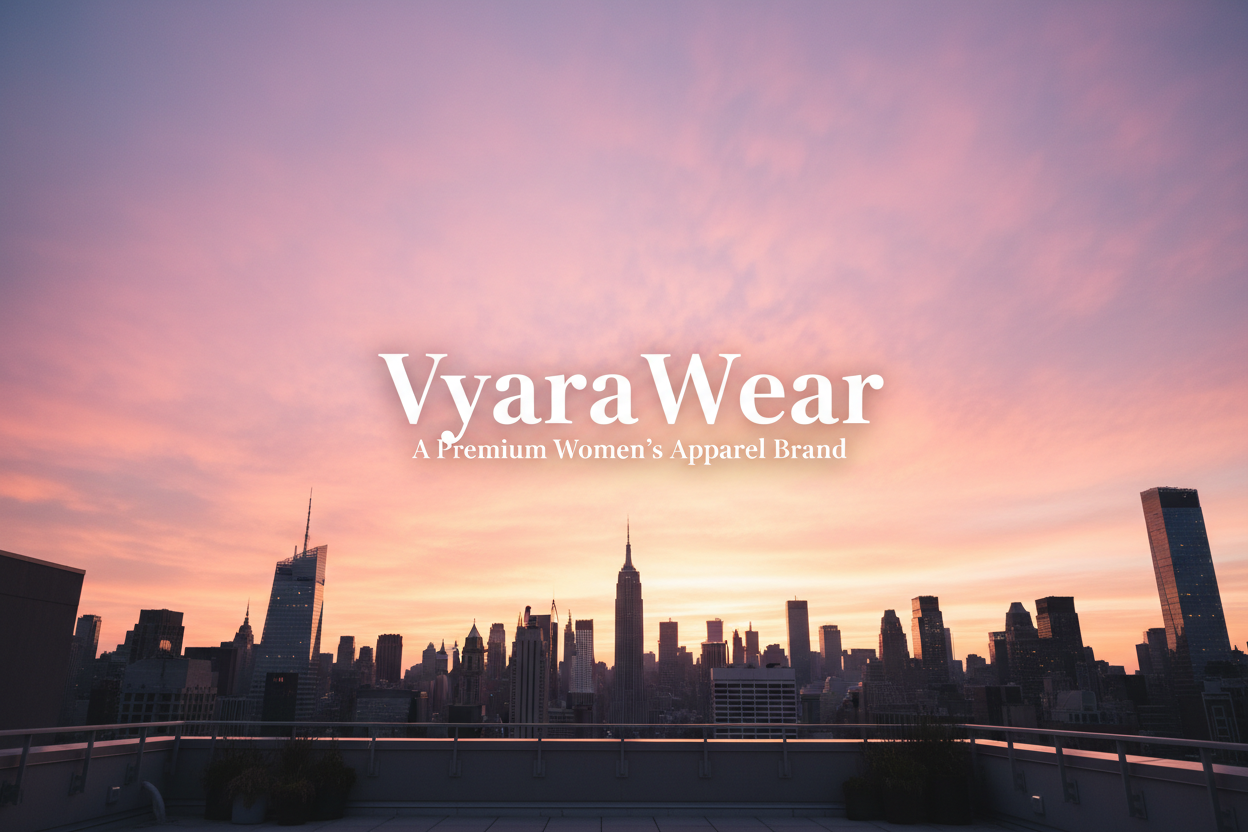 fro-a-building-or-apartnent-top-looking-upto-a-pinkis-purple-sky-in-nyc-wit-branding-in-te-sky-wit-text-vyarawear-a-premium-women-s-apparel-brand-in-niddle-of-pic-wit-visible-colour-wITE TEXT IN 4K