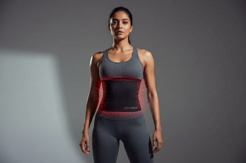 “High-impact, photorealistic hero image for a premium fitness brand. An Indian woman stands confidently in a modern, minimal studio, wearing a wide black rubber sweat band that fully covers the entire belly from under the bust to the lower abdomen. The band wraps smoothly around the stomach and sides, showing a subtle sweat and heat effect. Powerful posture, calm confidence, soft dramatic lighting, clean background. Premium, bold, modern, and empowering brand aesthetic.”