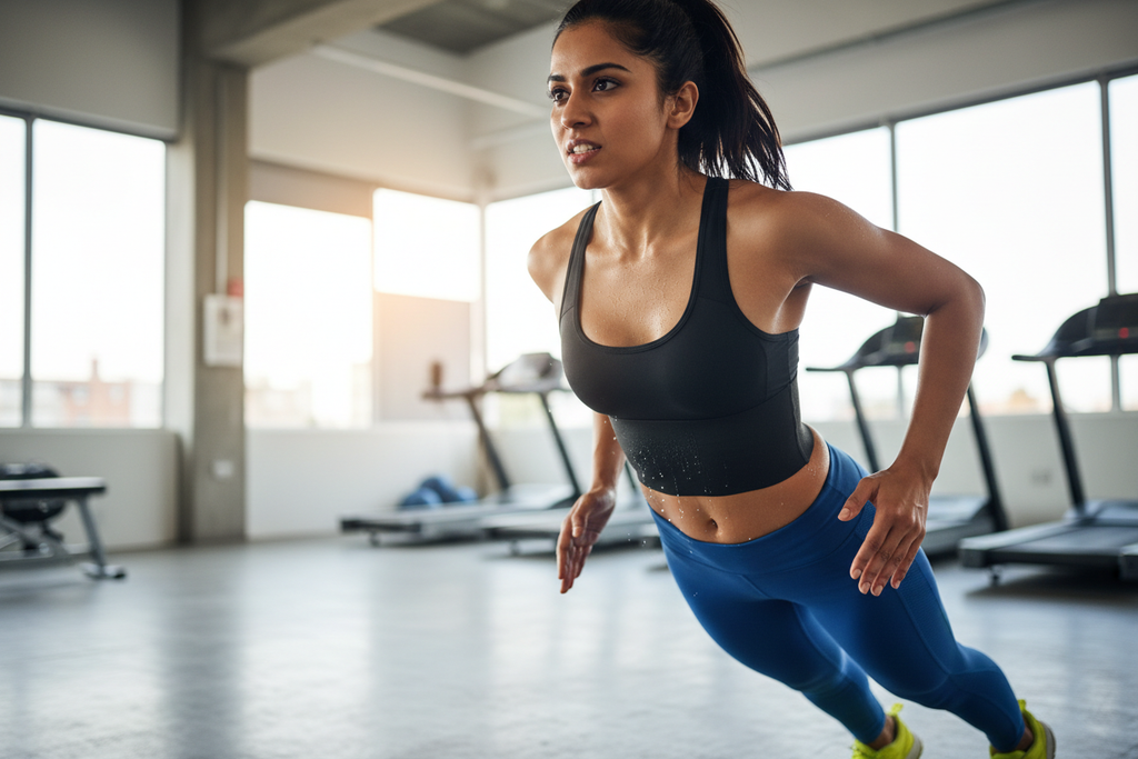 Indian woman doing cardio while wearing a wide rubber sweat band covering the whole belly area. The band fits tightly and evenly around the waist with light sweat visible, showing heat retention. Realistic fitness photography, energetic and motivating.”