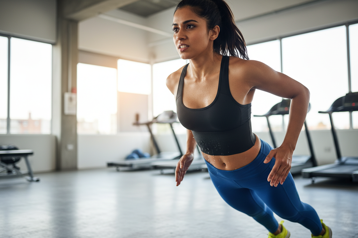 Indian woman doing cardio while wearing a wide rubber sweat band covering the whole belly area. The band fits tightly and evenly around the waist with light sweat visible, showing heat retention. Realistic fitness photography, energetic and motivating.”