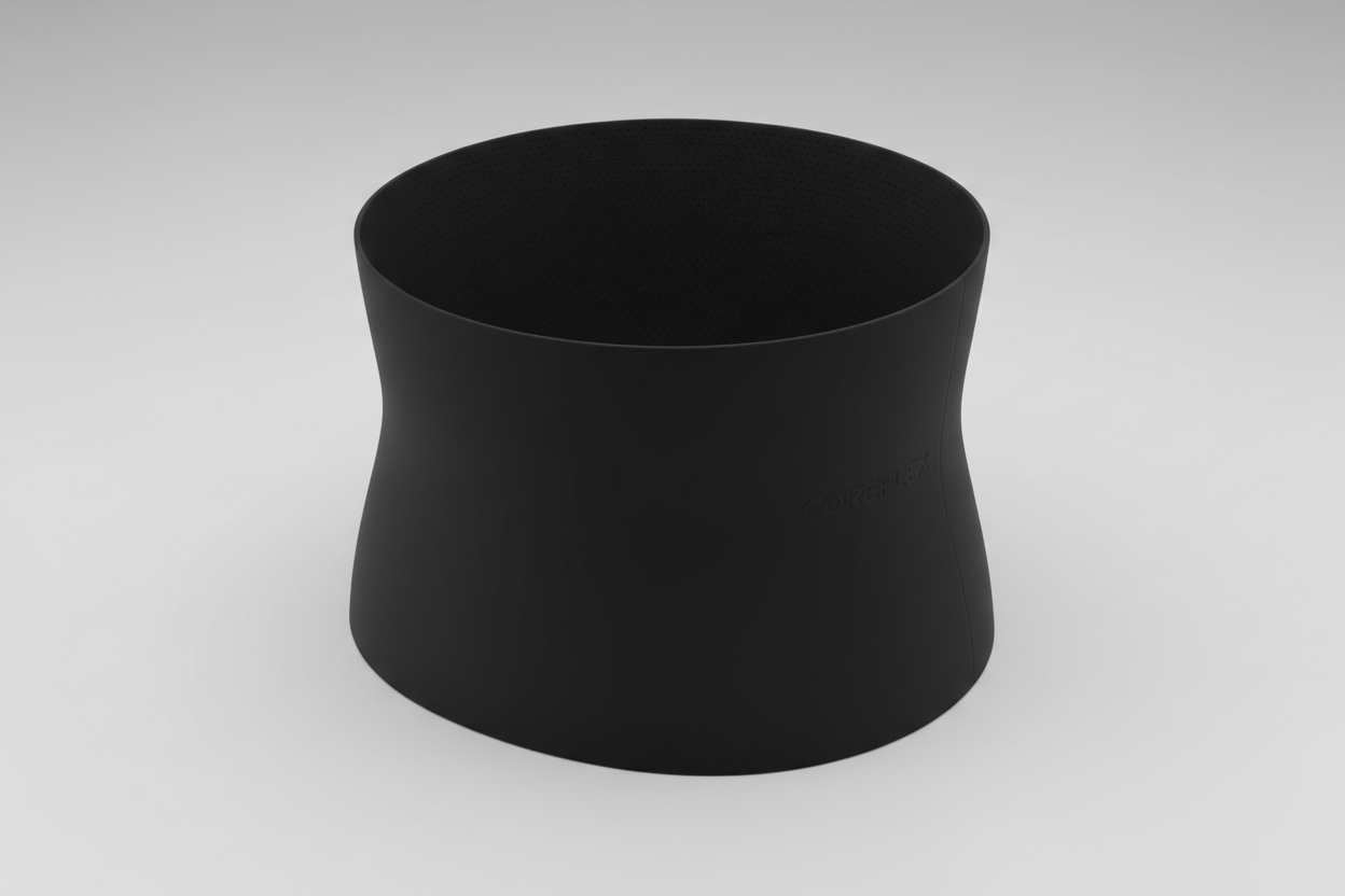 “Photorealistic studio product image of a black rubber sweat band designed to be worn around the belly. Seamless band-style design with no buckle or Velcro, flexible and stretchable rubber material. Clean neutral background, soft lighting, high detail texture, premium fitness and shapewear brand aesthetic.”