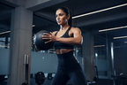 “Stylish fitness ad image of an Indian woman mid-workout wearing a full-coverage black rubber belly sweat band that wraps around the entire stomach and belly. The band is wide, smooth, and seamless, clearly covering front and sides of the belly. Dynamic lighting, cool and premium aesthetic.”