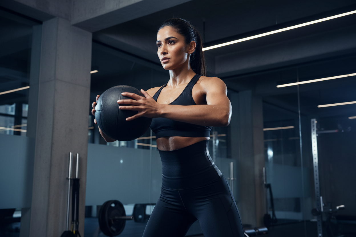 “Stylish fitness ad image of an Indian woman mid-workout wearing a full-coverage black rubber belly sweat band that wraps around the entire stomach and belly. The band is wide, smooth, and seamless, clearly covering front and sides of the belly. Dynamic lighting, cool and premium aesthetic.”